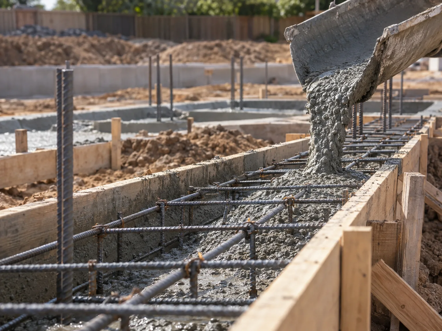 Concrete pouring into reinforced foundation formwork during groundworks phase of residential house construction
