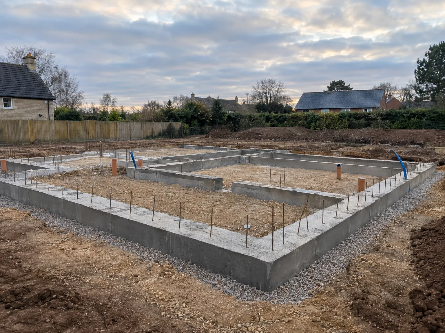 Concrete building foundations with steel reinforcement framework at new construction site