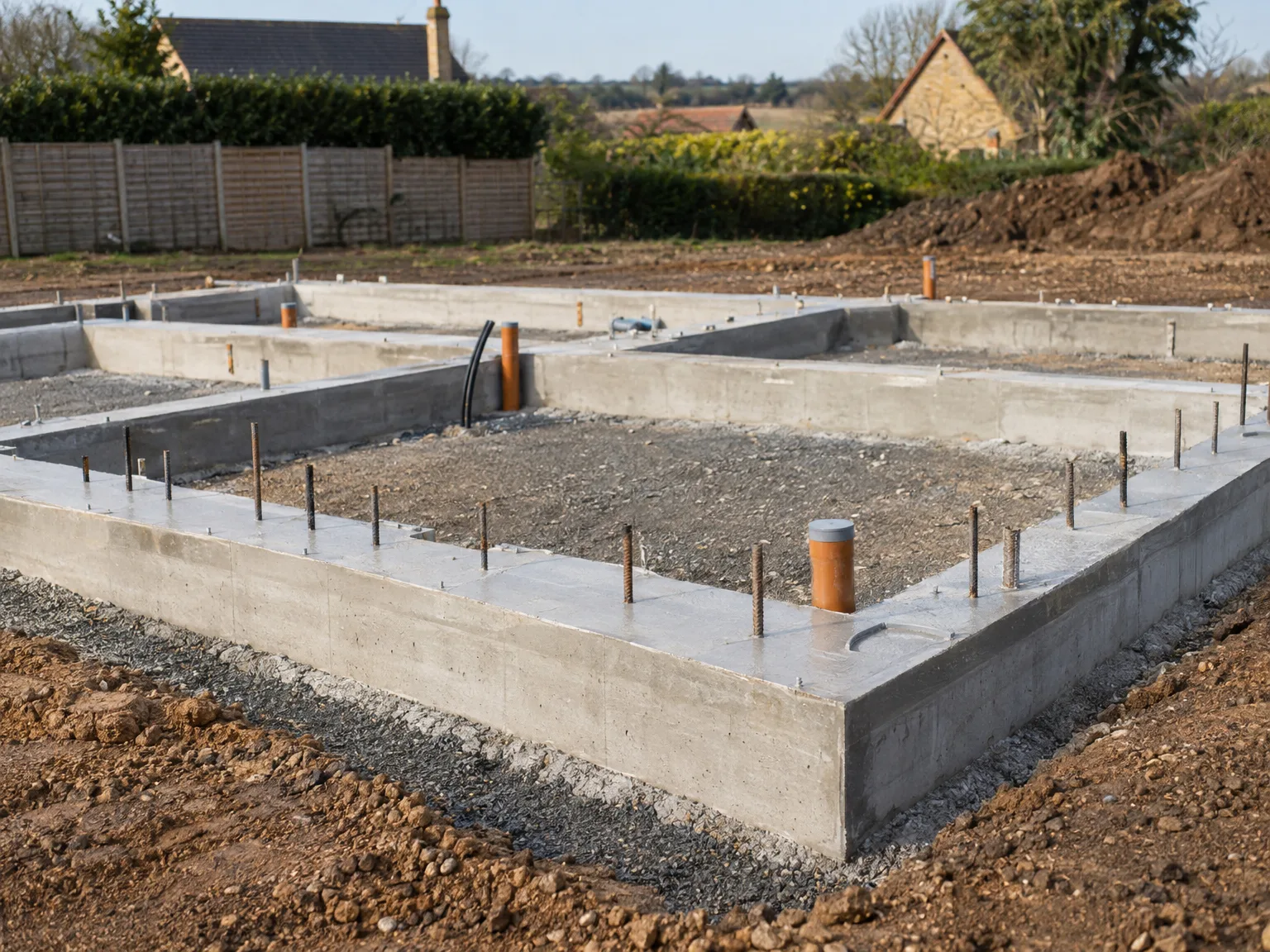 Concrete foundation pad with formwork and timber supports during Groundworks and Foundations