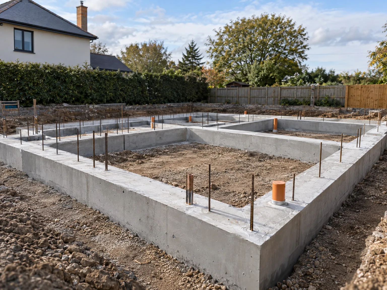 Concrete house foundations with steel reinforcement and wooden formwork during new build construction