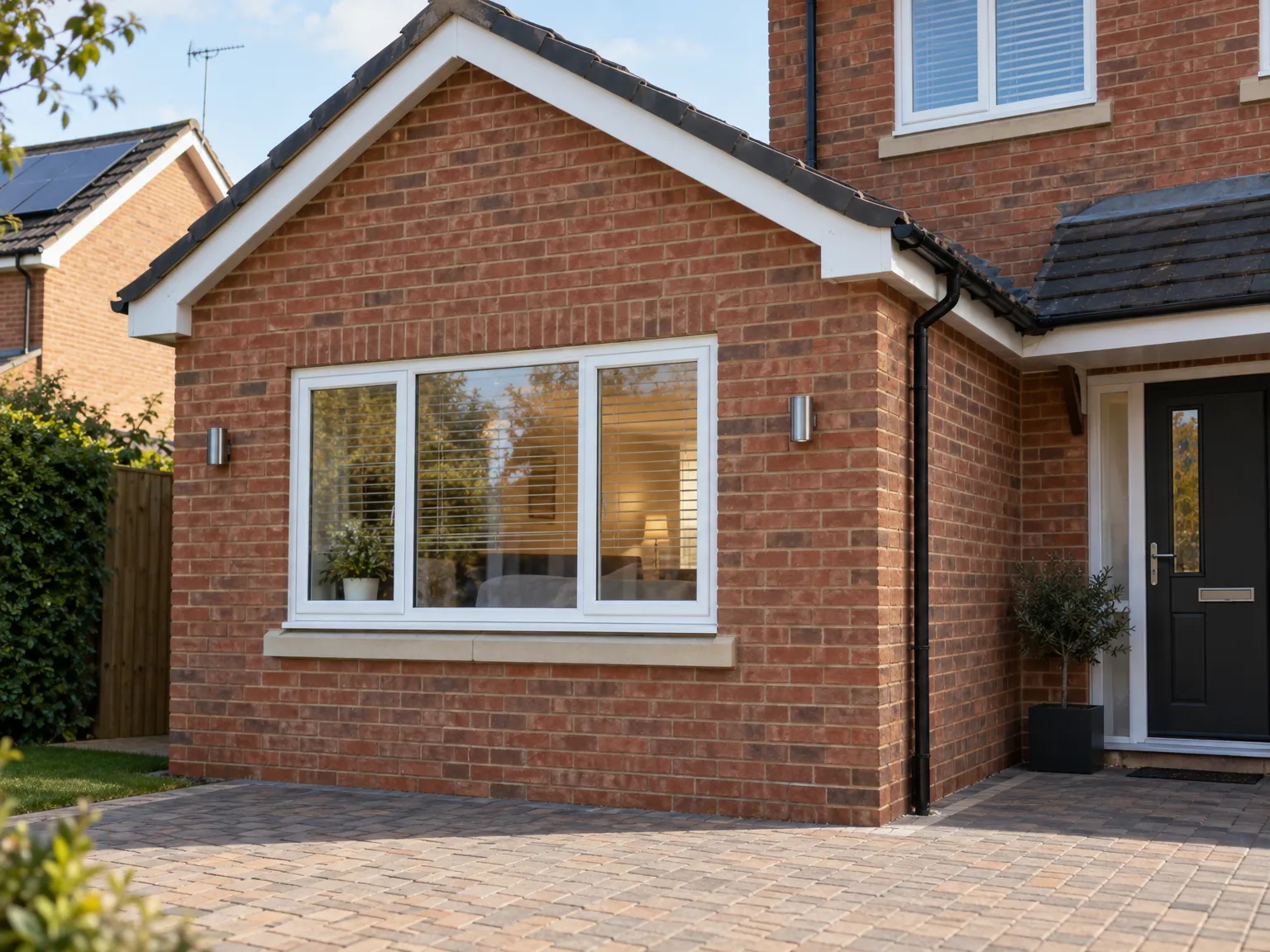 Modern single storey brick extension with white window installation and patio