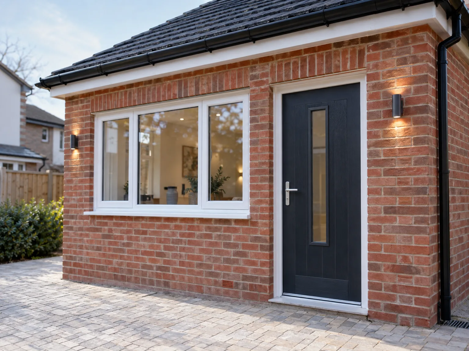 Single Storey Extension with triple windows, black entrance door and red brick facade
