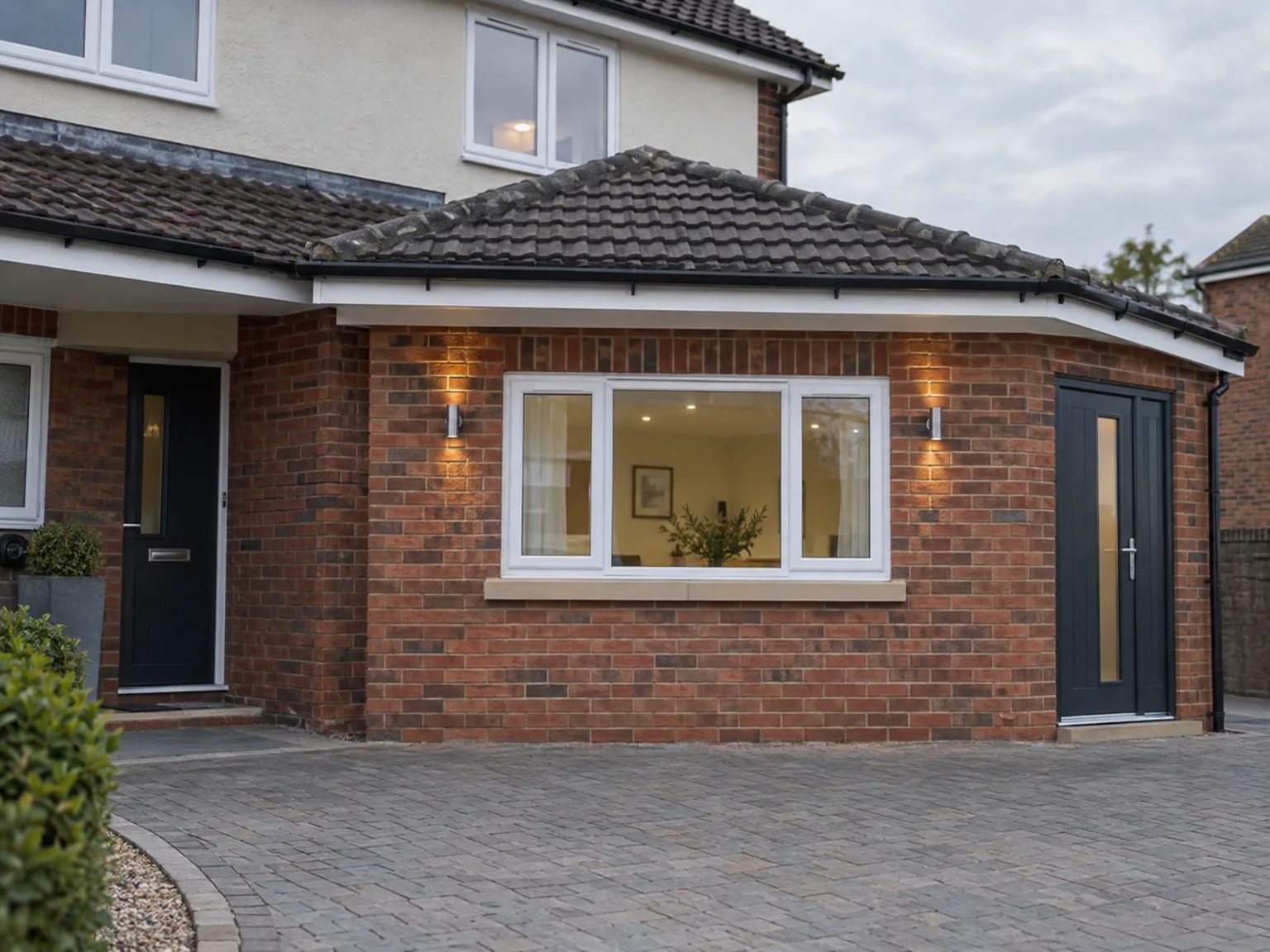 Single storey brick extension with large white windows and dark tiled roof
