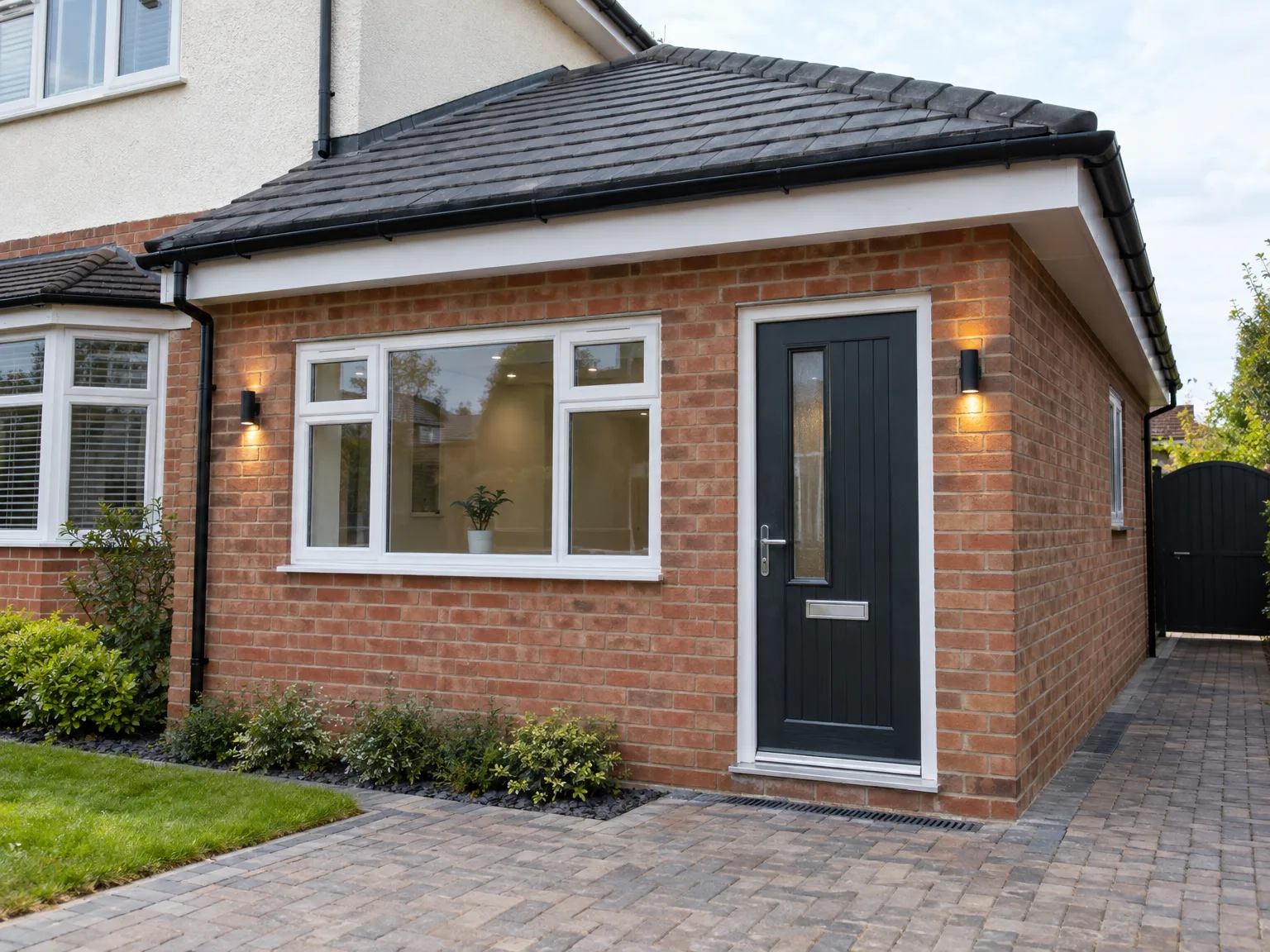 Modern single storey brick extension with white-framed windows, black entrance door and slate roof