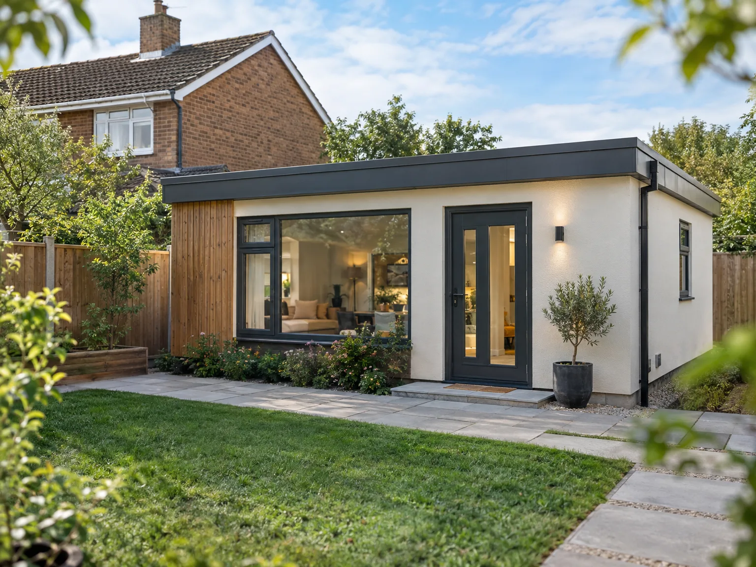 Contemporary house extension with white walls, black roof and bifold doors adjoining traditional brick home