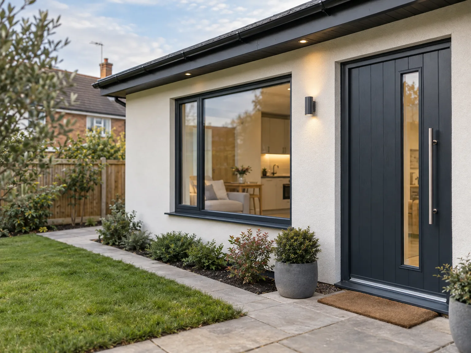 Modern rear extension with bifold glass doors, patio paving and garden area