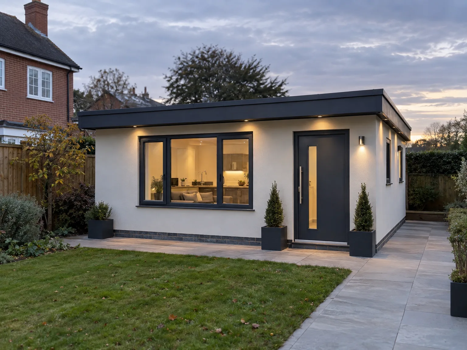Modern single storey extension with white render, black frames and patio space