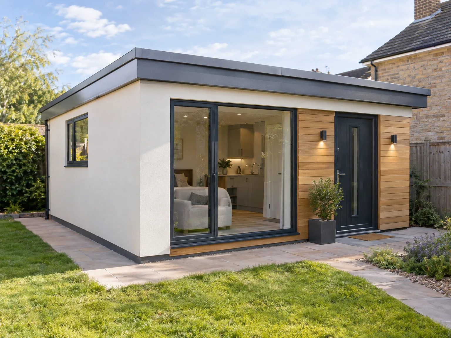 Modern annexe with white render, large glazed doors, timber cladding and dark roof
