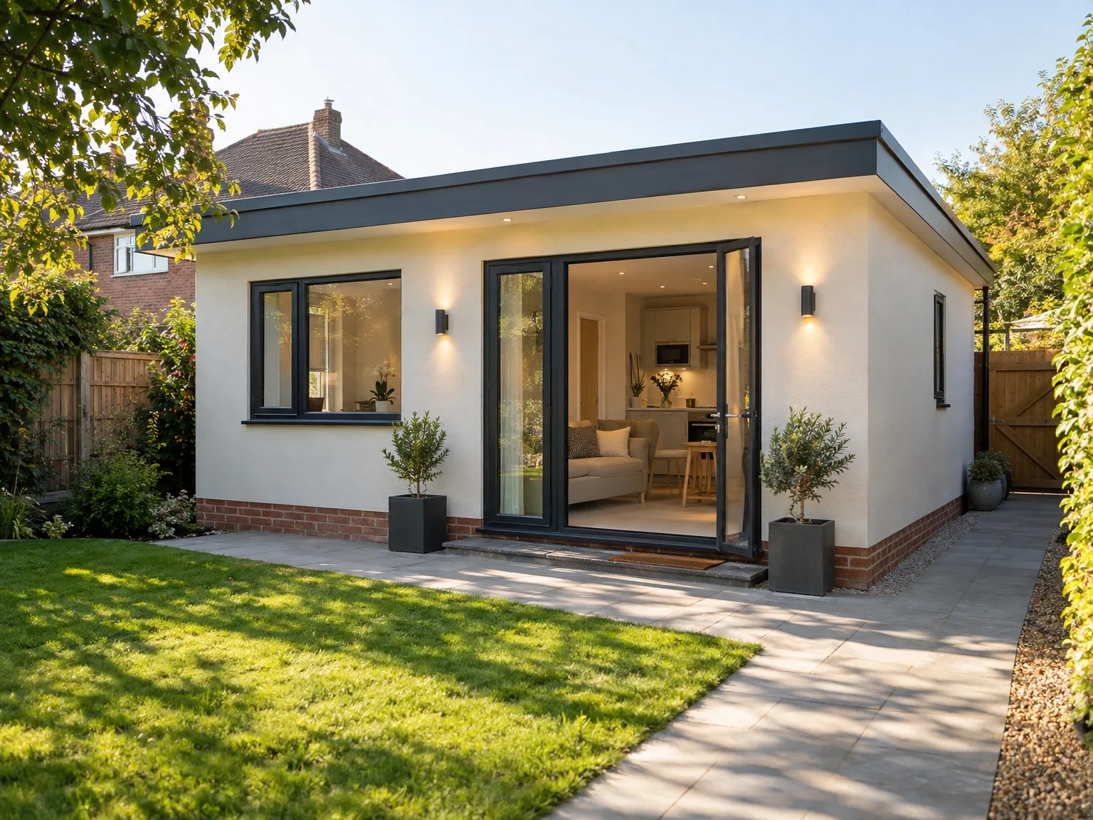 Single storey extension with white rendered walls, black framed bifold doors and patio area