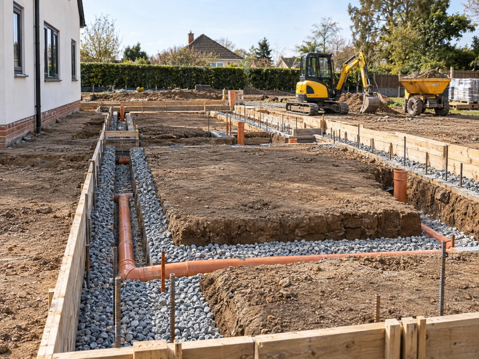 Foundations work showing excavated trenches with drainage layer and wooden formwork