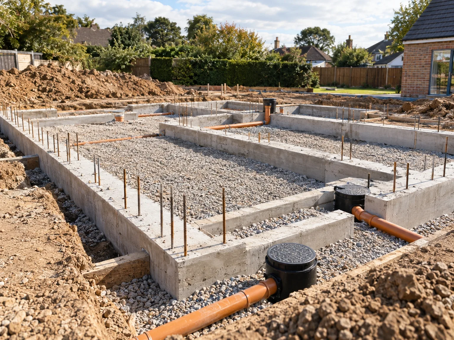 Concrete house foundations with gravel base and underground drainage pipes during construction