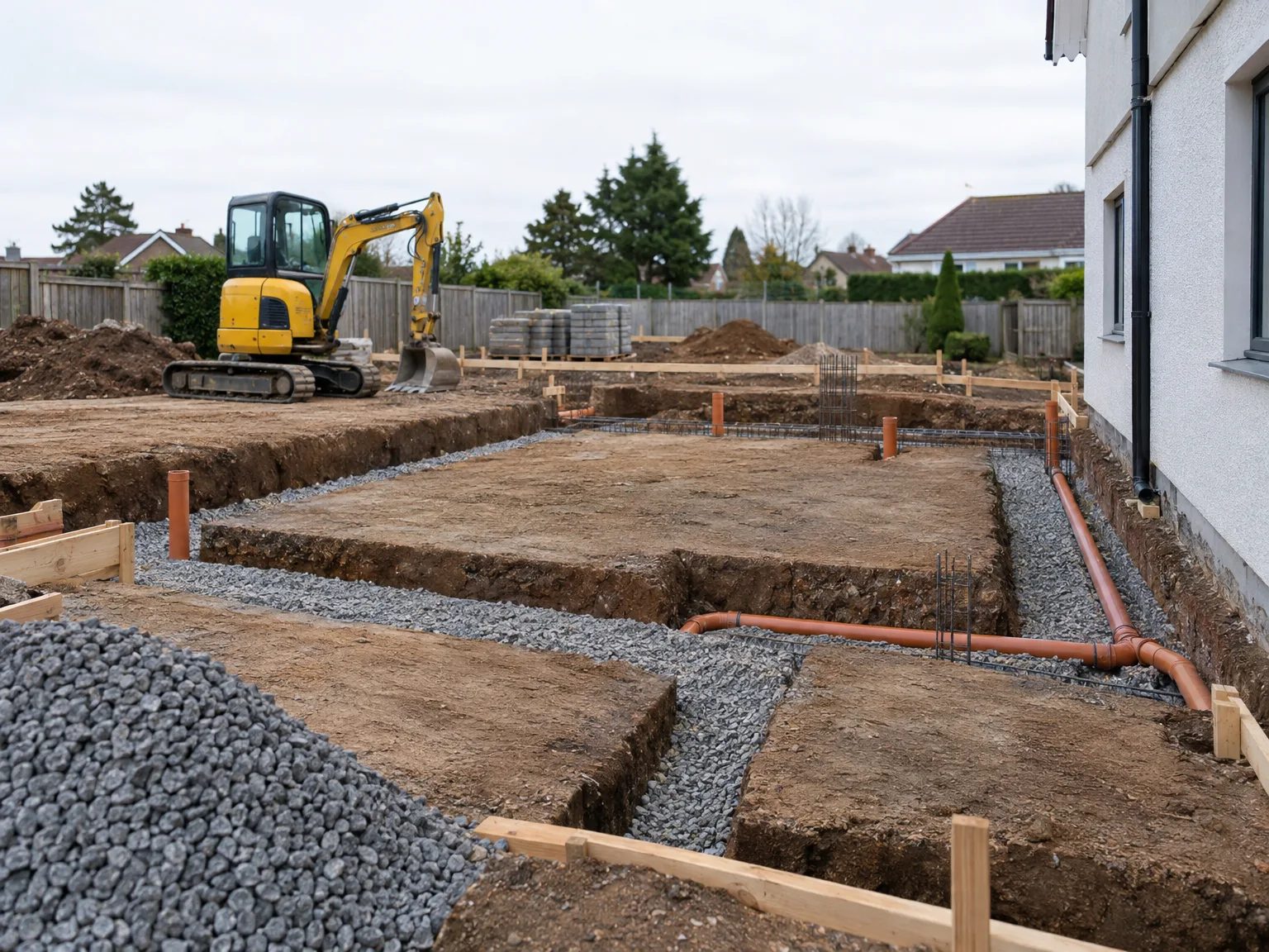 Foundation trenches excavated with gravel base layer and orange drainage pipes visible