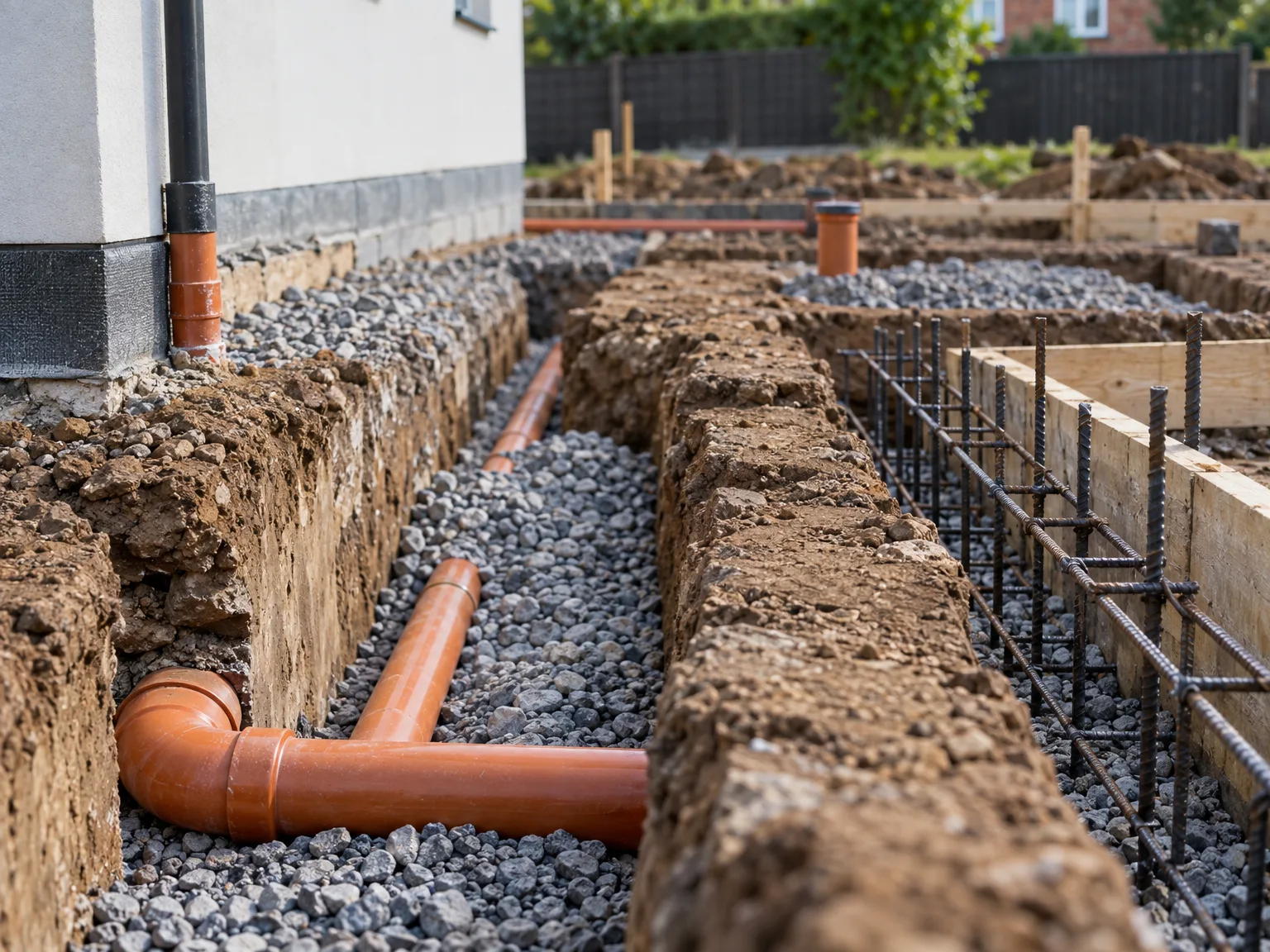 Foundation excavation trench with drainage pipe and gravel base layer preparation
