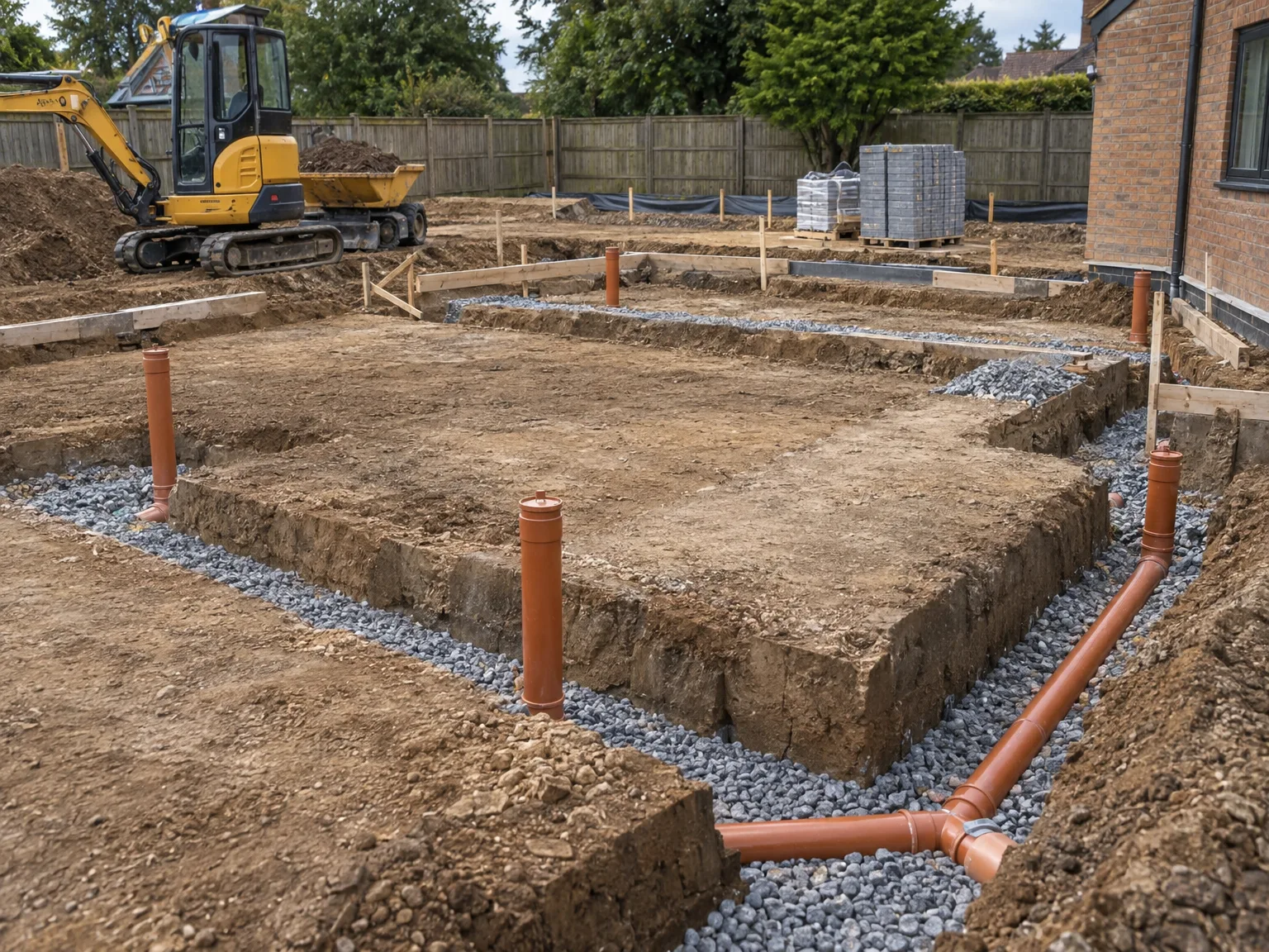 Groundworks site showing foundation excavations with drainage gravel and pipe installation during new build construction
