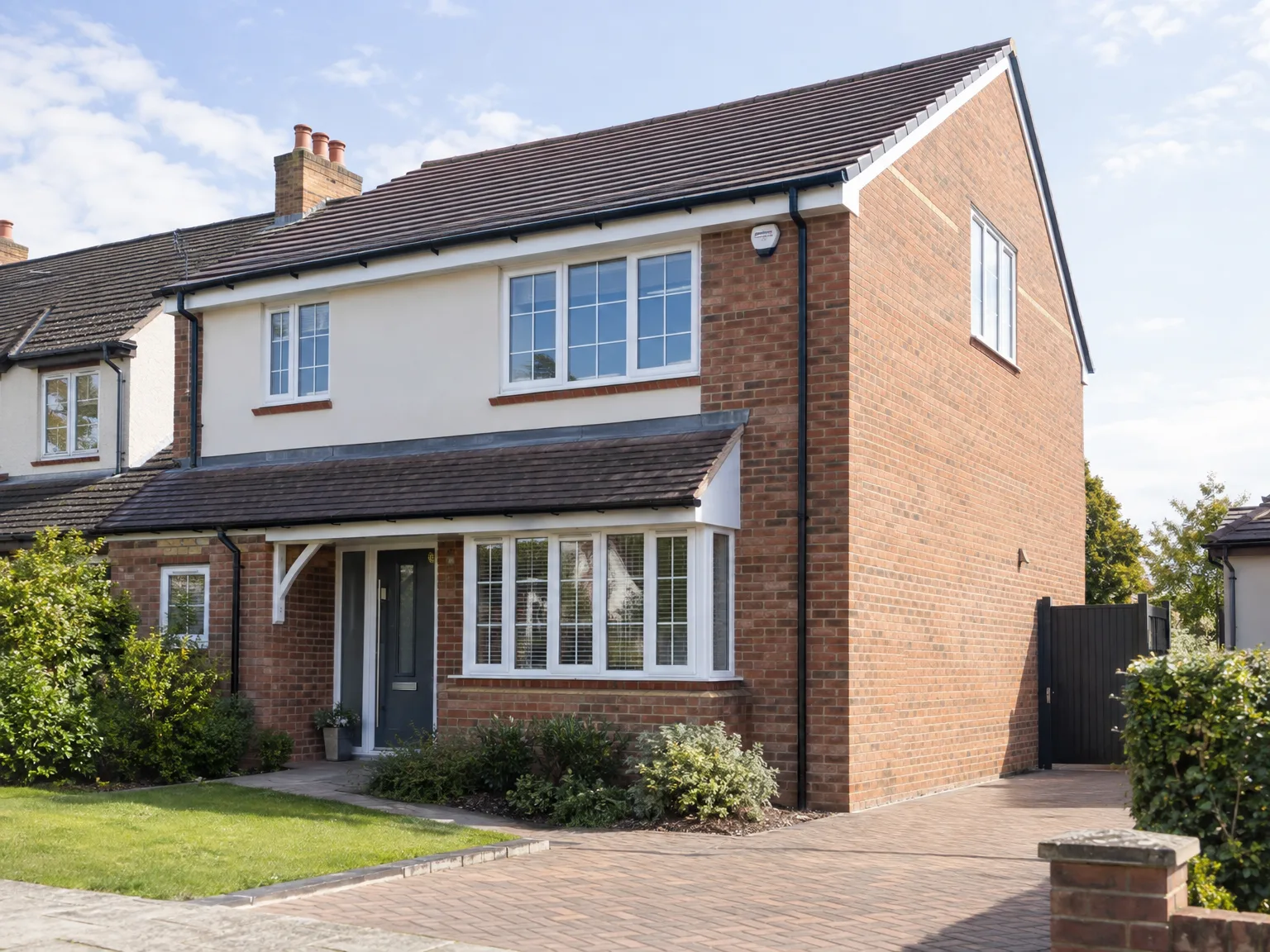 Modern single storey house extension with multiple windows on brick built property and garden landscaping