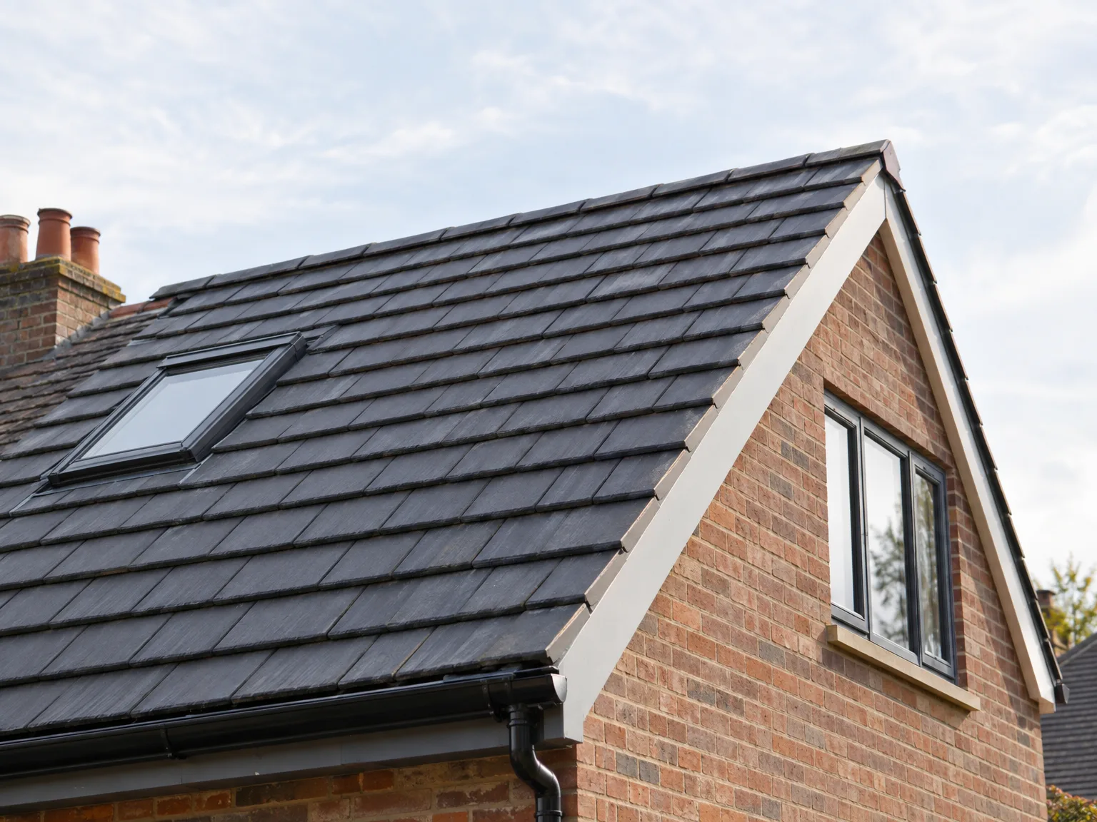 New slate roof with dormer window and brick gable wall