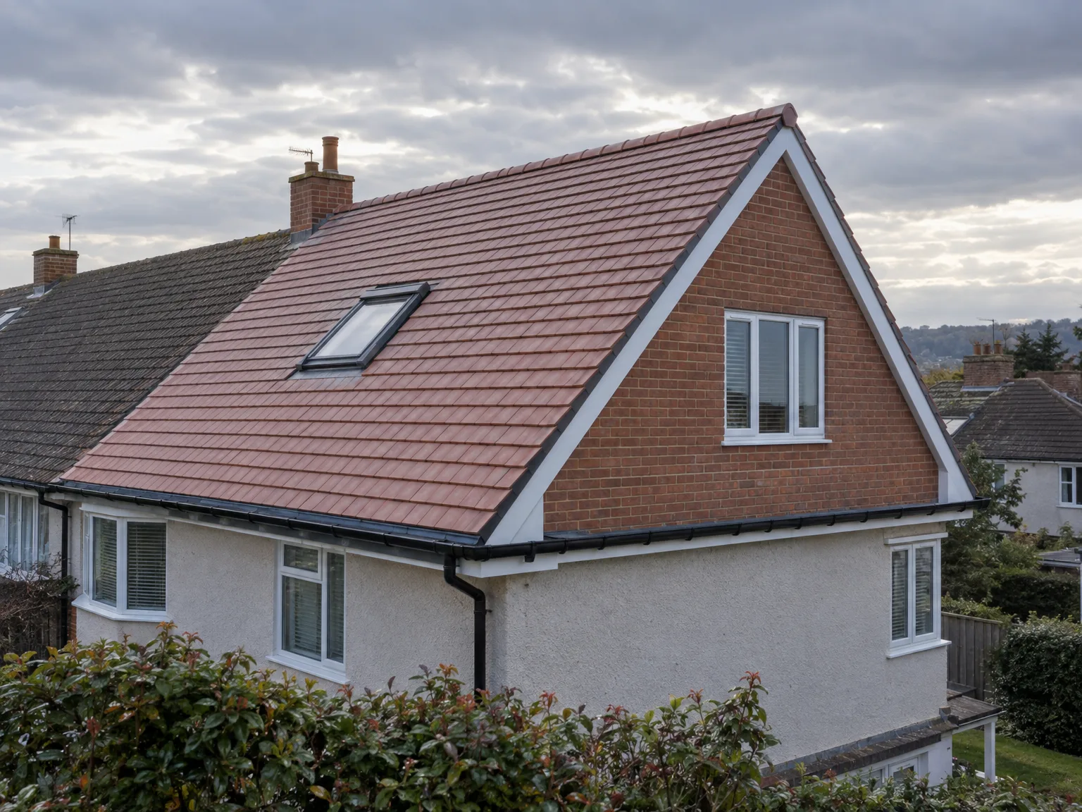 New roof with red tiles, brick upper storey and white rendered walls with dormer window
