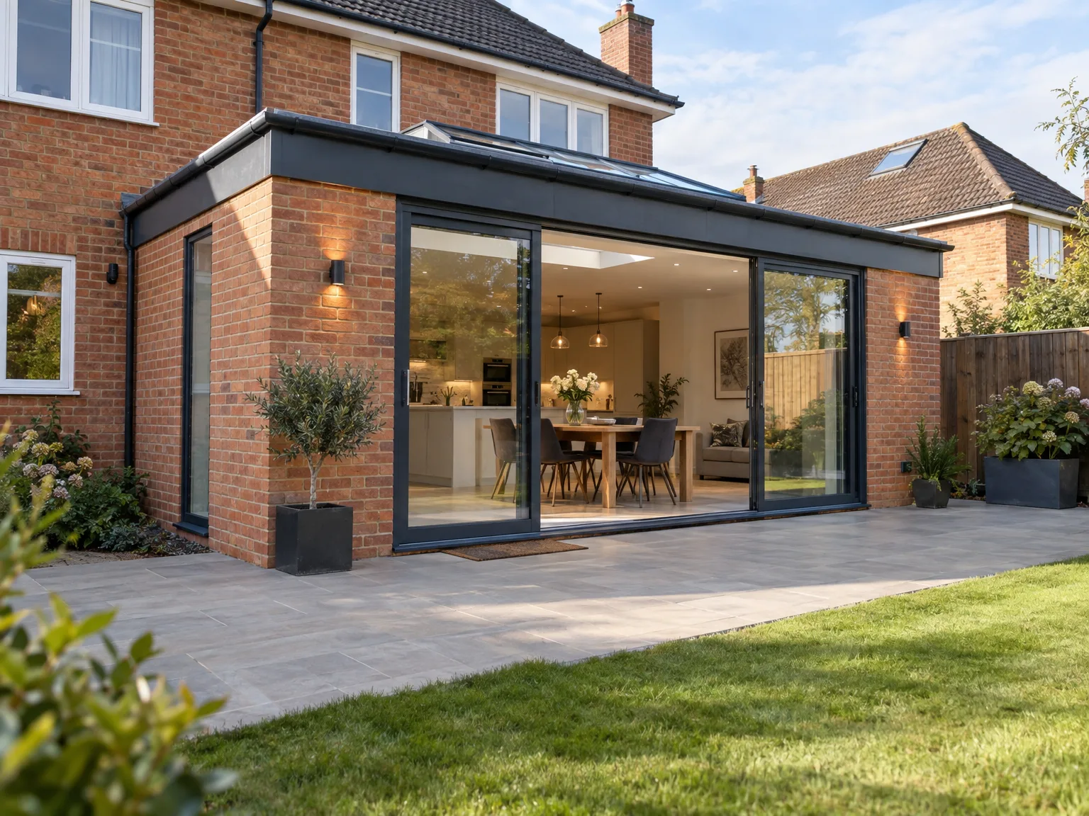 Rear home extension with large black-frame bifold doors and new patio