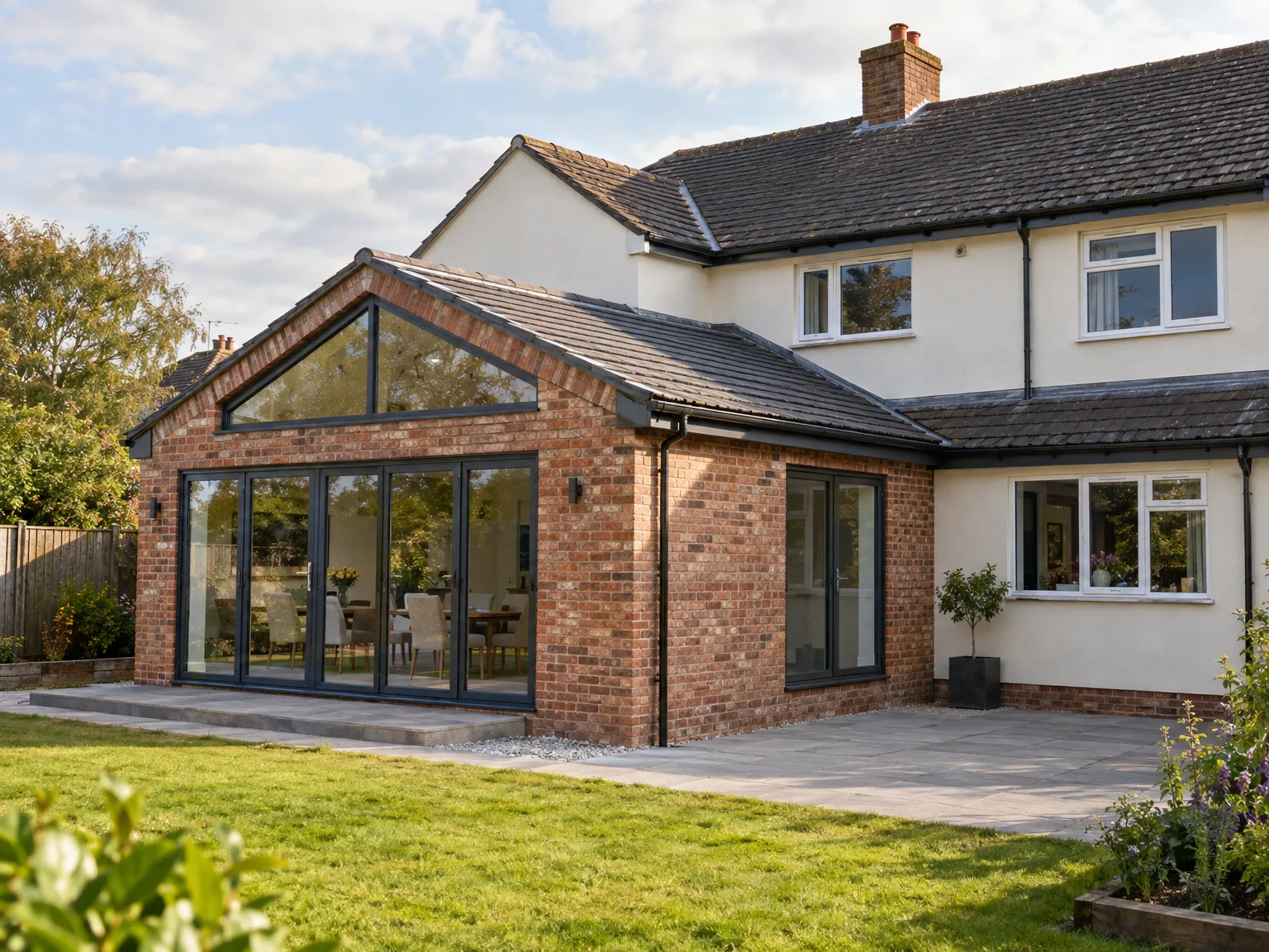 Brick rear extension with large glazed bifold doors and paved patio added to traditional home