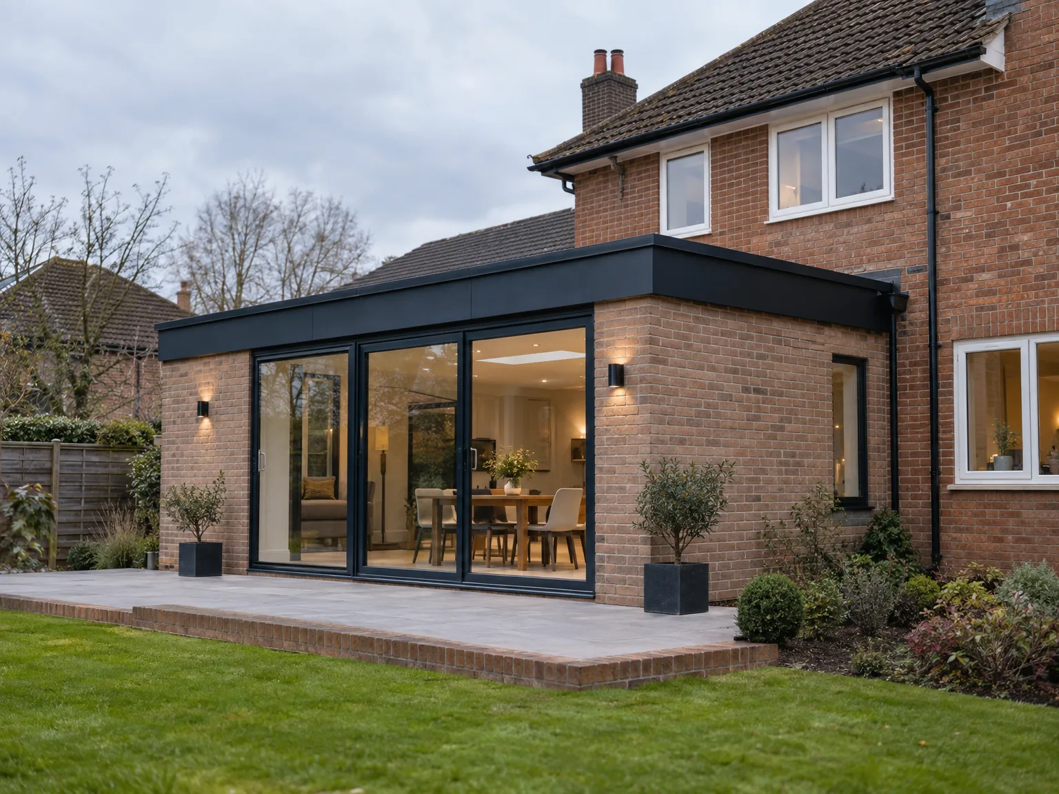 Modern single storey extension with black framed sliding doors opening to patio and landscaped garden