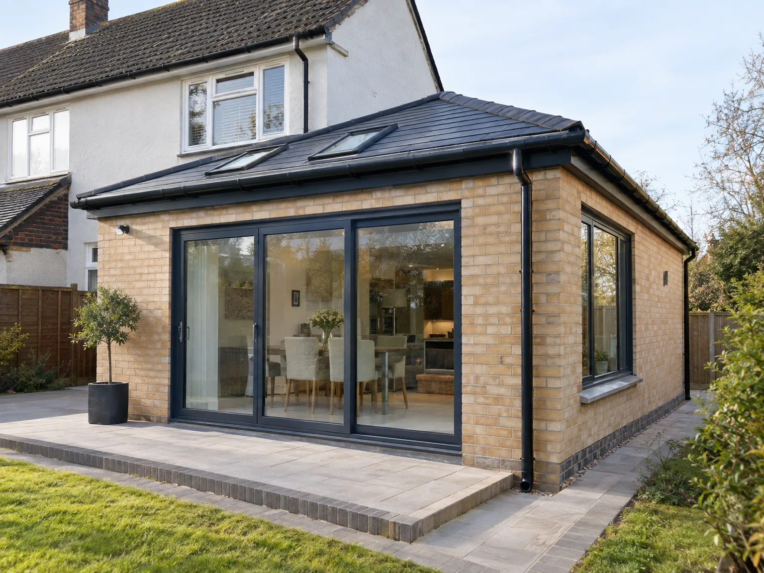 Brick rear extension with bifold doors, black roof, and patio