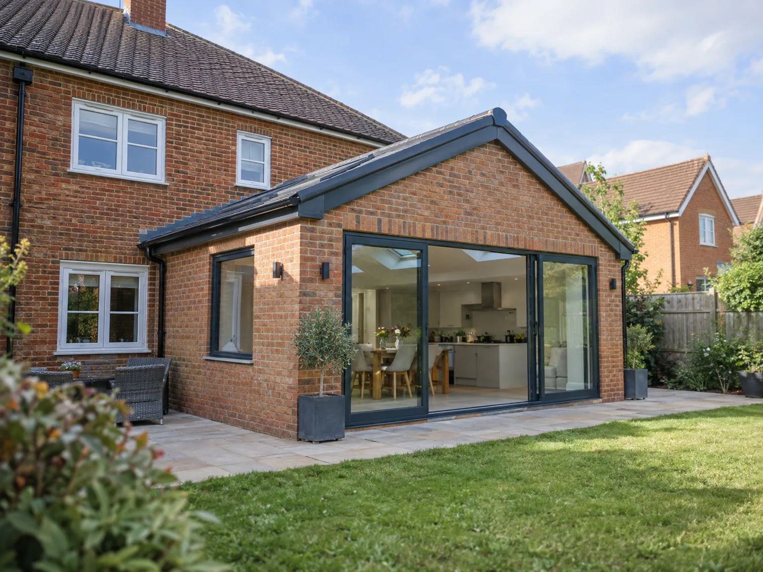 Modern brick rear extension with black bifold doors and patio area