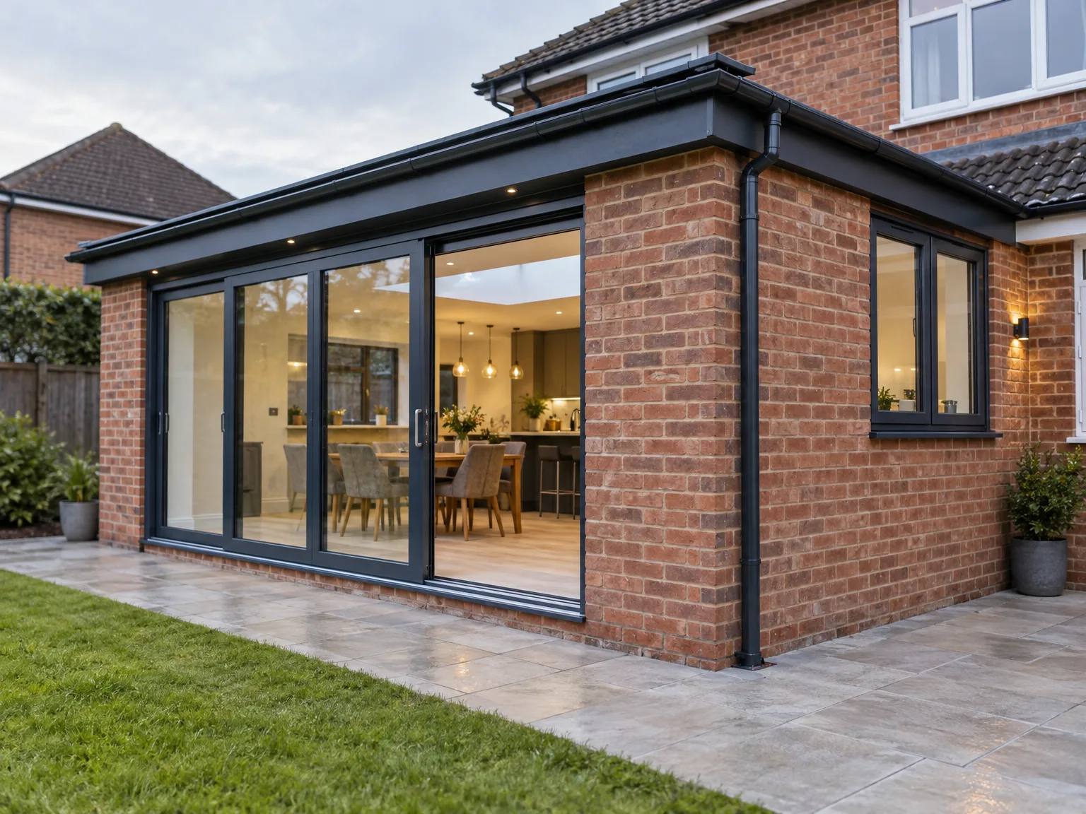 Modern brick house extension with black bifold doors opening onto paved patio area