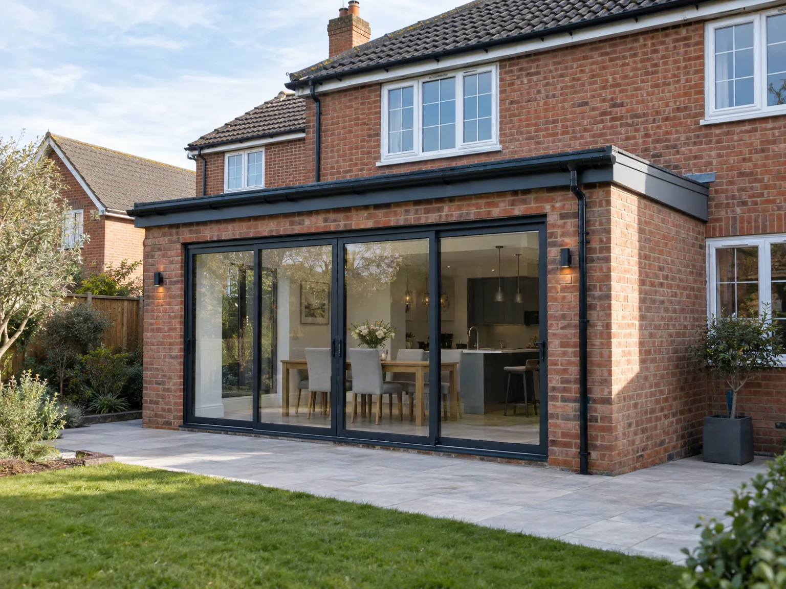 Modern brick house extension with large black-framed glazing and patio area