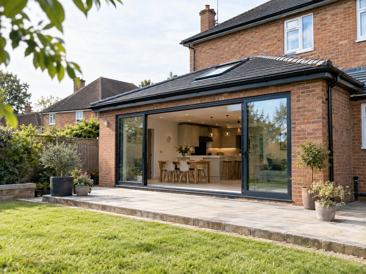 Brick home rear extension with large bifold doors, wooden patio and garden view