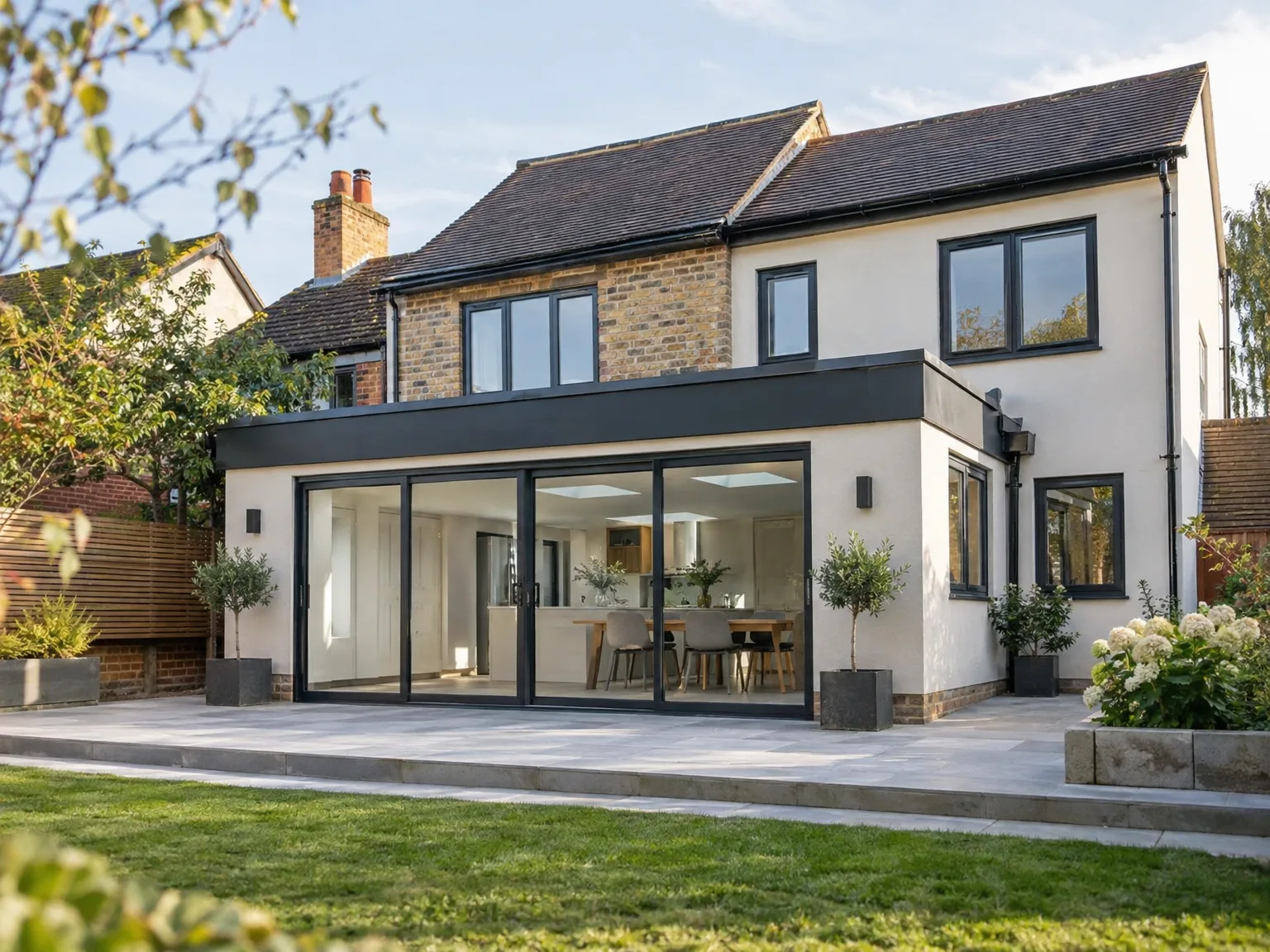 Contemporary single storey extension with black-framed sliding glass doors opening onto paved patio