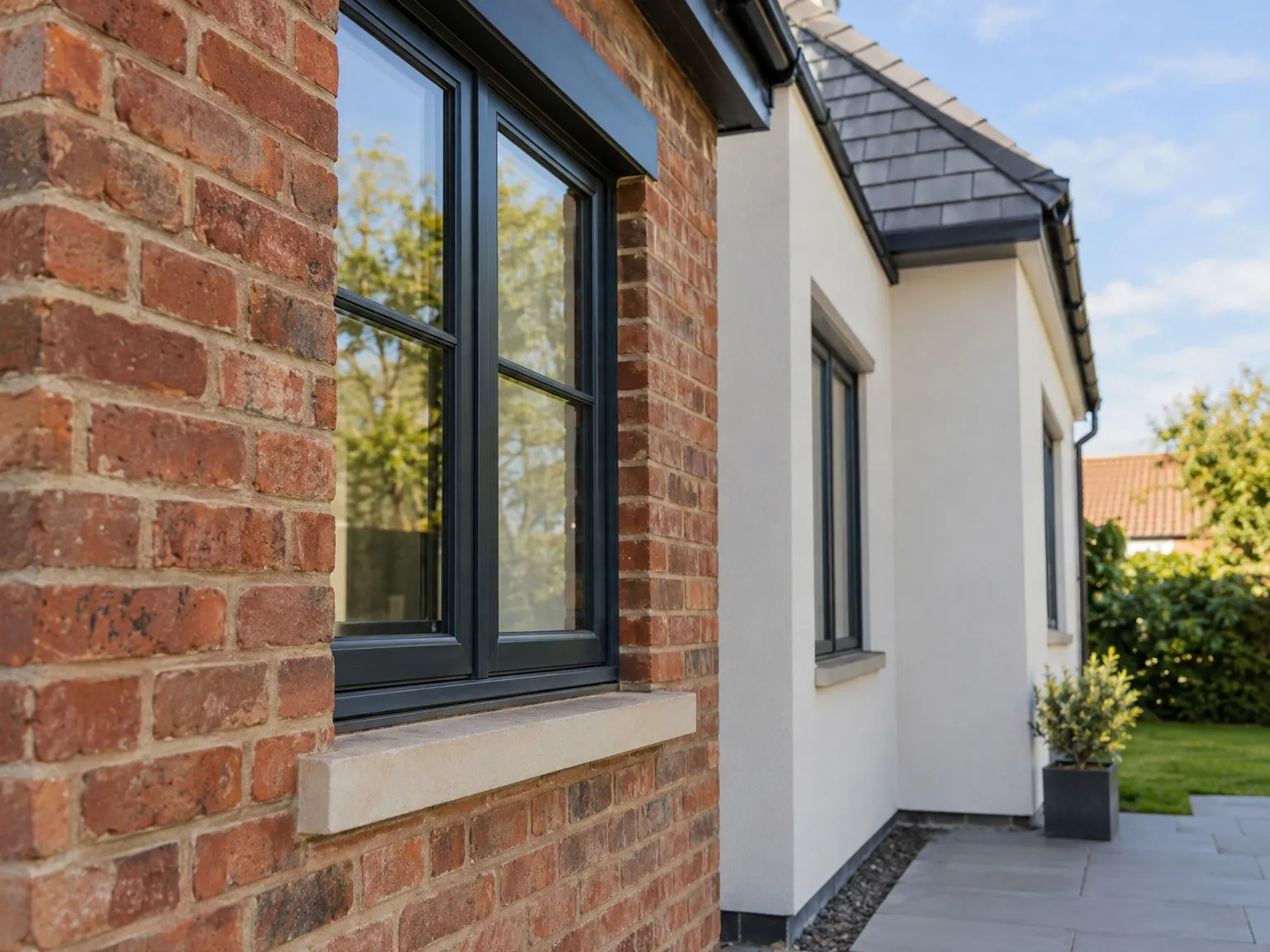 Black window installation in red brick wall with white render extension