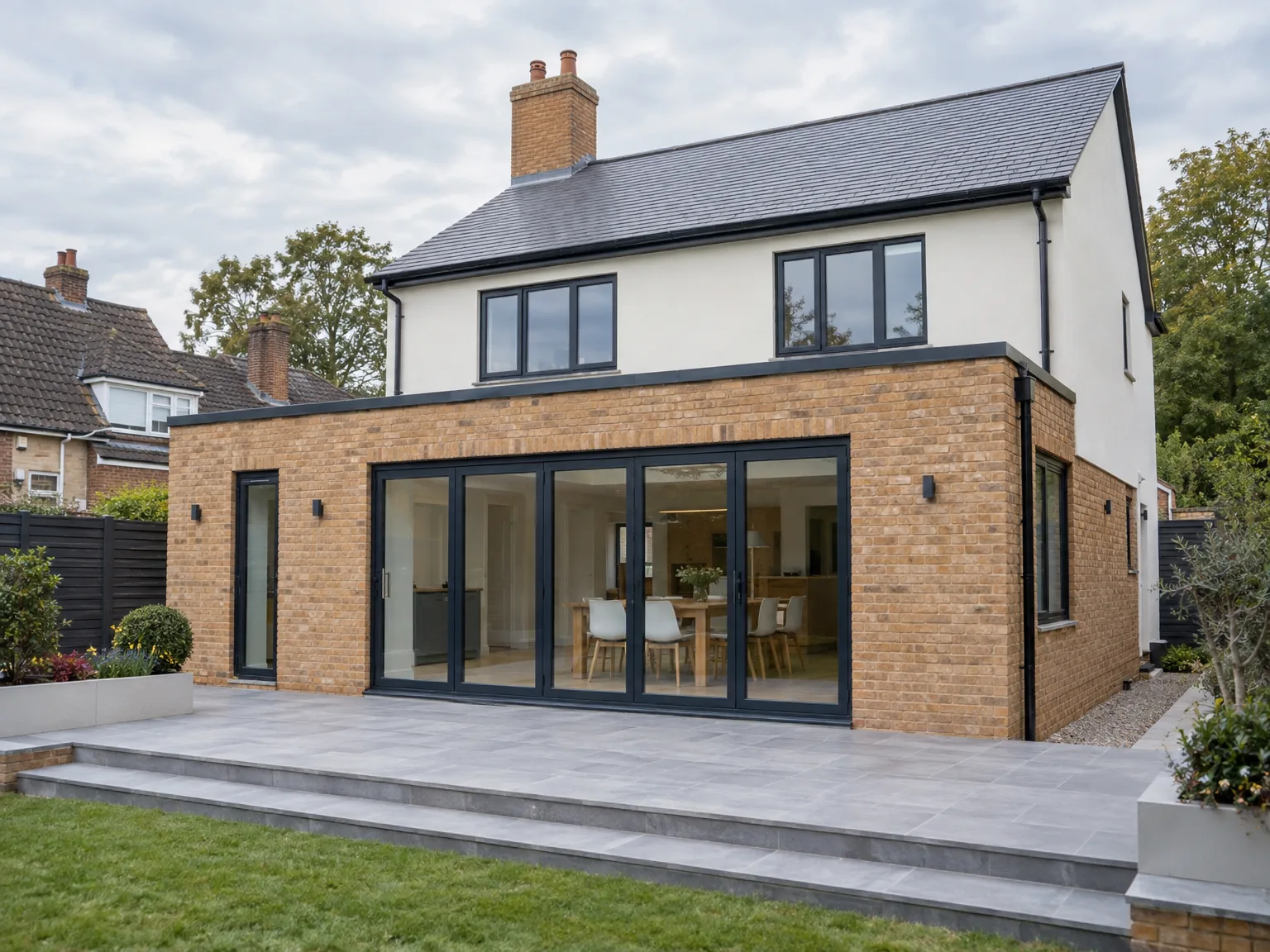 Modern brick rear extension with black bifold doors and stone patio overlooking garden