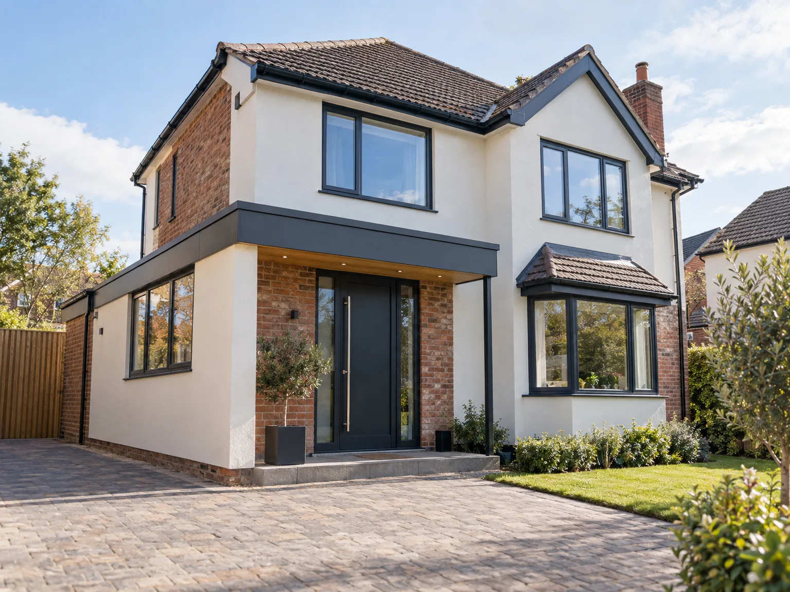 Modern two-storey house extension with white render, brick facade, large black-framed windows and contemporary entrance door