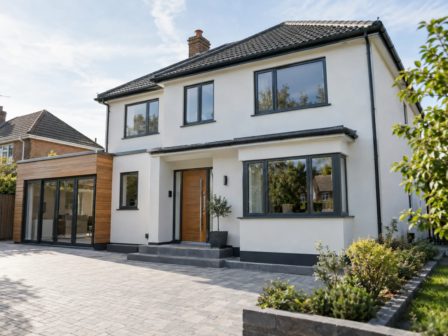 Modern house renovation with timber extension, new roof, and contemporary double-glazed windows