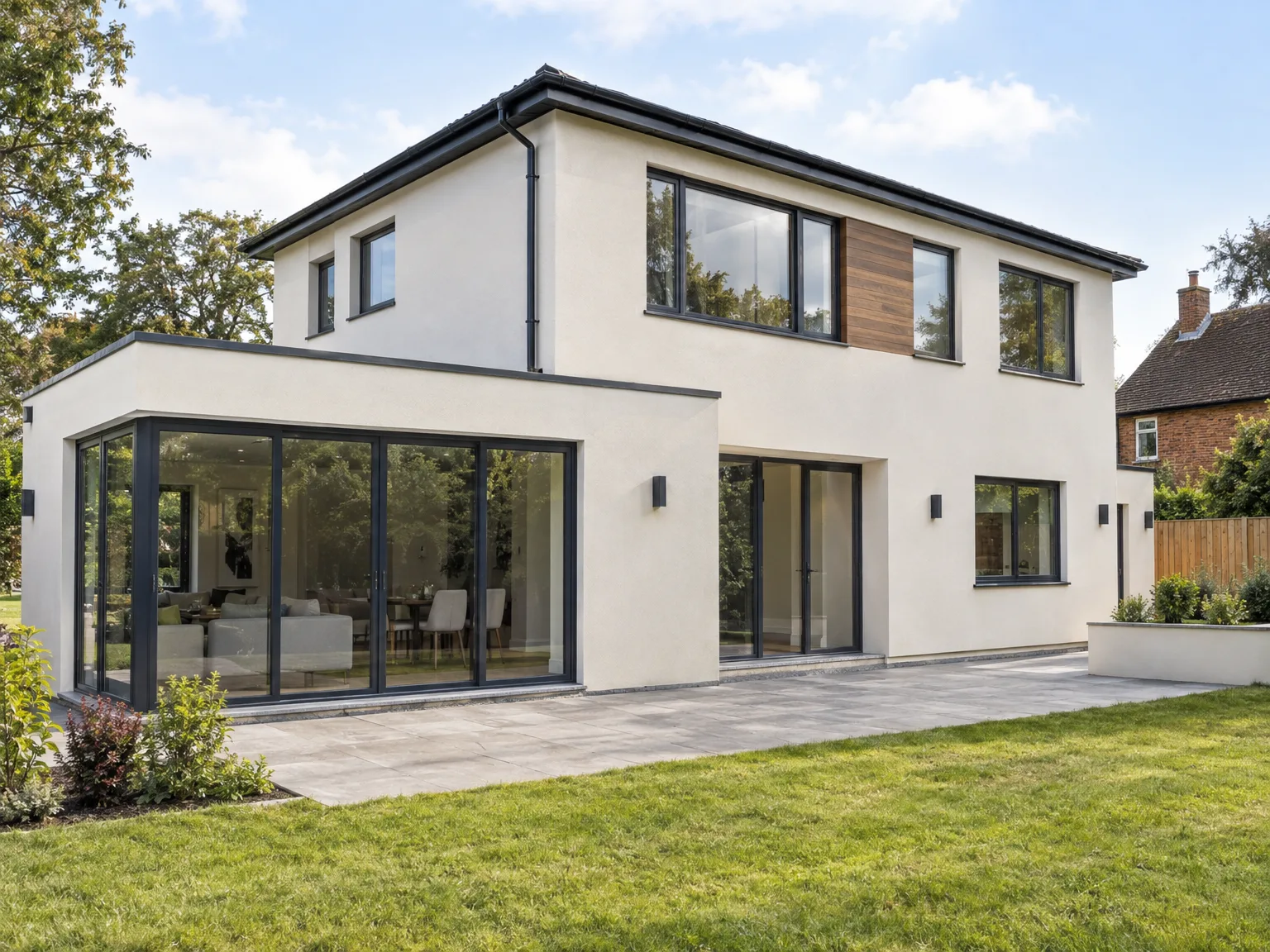 Rear extension with bifold patio doors and landscaped garden