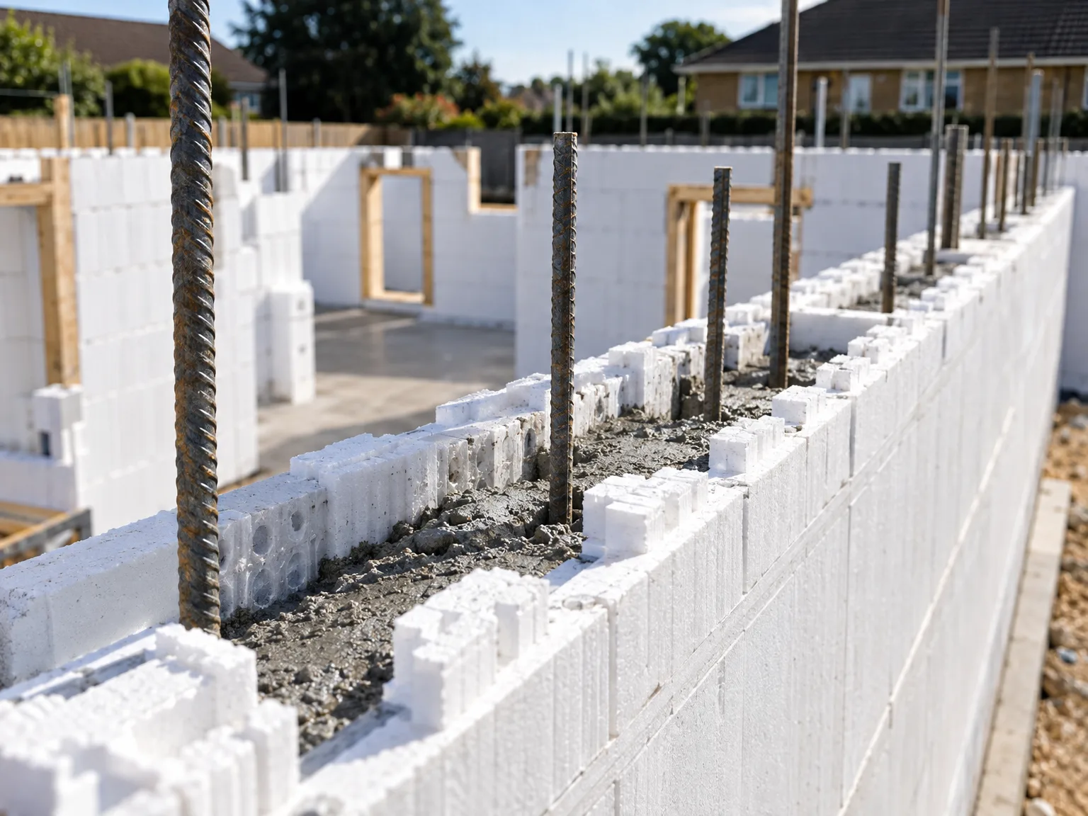 Concrete foundation blocks with steel reinforcement during ICF home construction