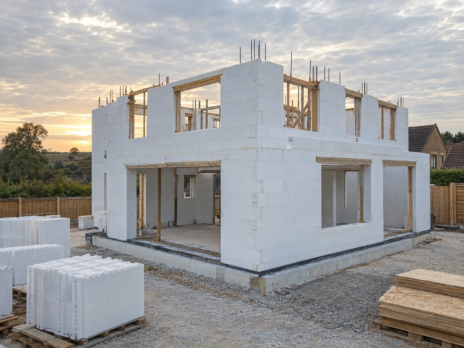 Two-storey ICF construction house frame with white formwork blocks and exposed reinforcement bars during structural stage