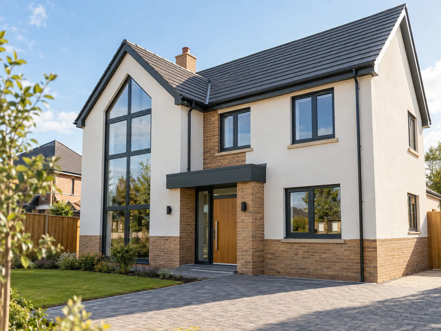 Modern new build two-storey house with white walls, brick base, grey roof, and black-framed windows