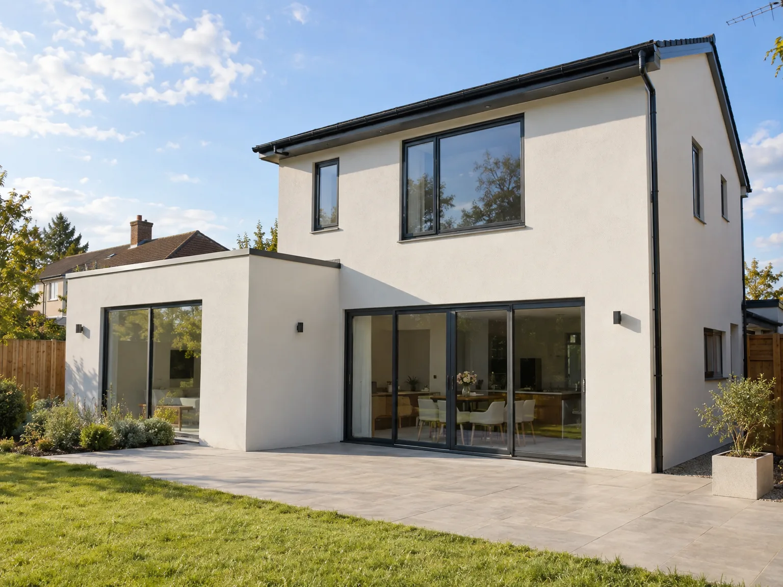 Rear extension with white render, large sliding glass doors and paved patio