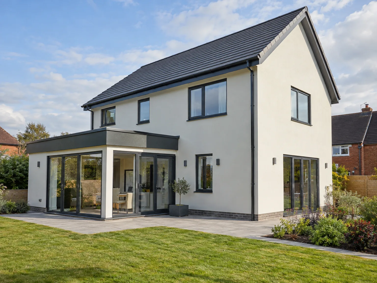 Modern rear extension with bifold doors, black roof, and patio area