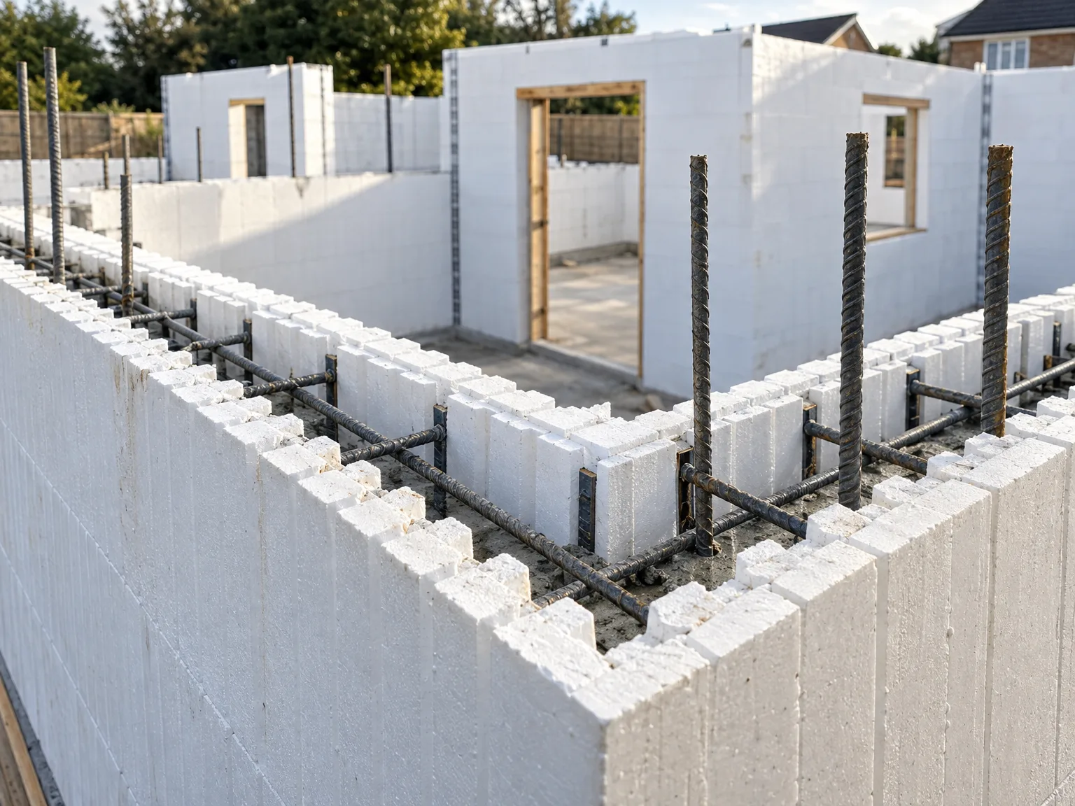 ICF foundation blocks with steel reinforcement showing concrete formwork during construction