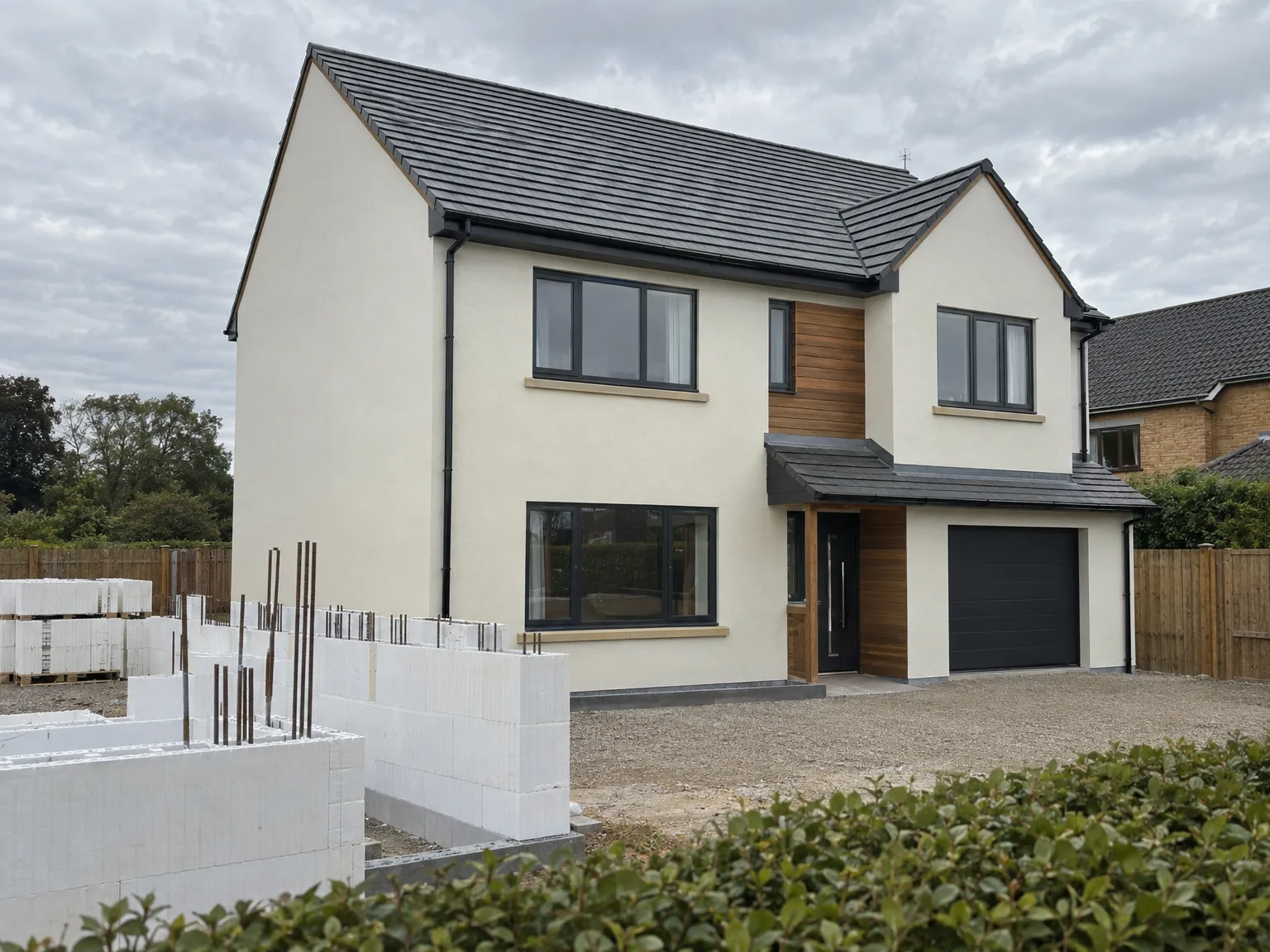 New build home with white foundation bricks, dark slate roof, rendered walls and modern windows on driveway