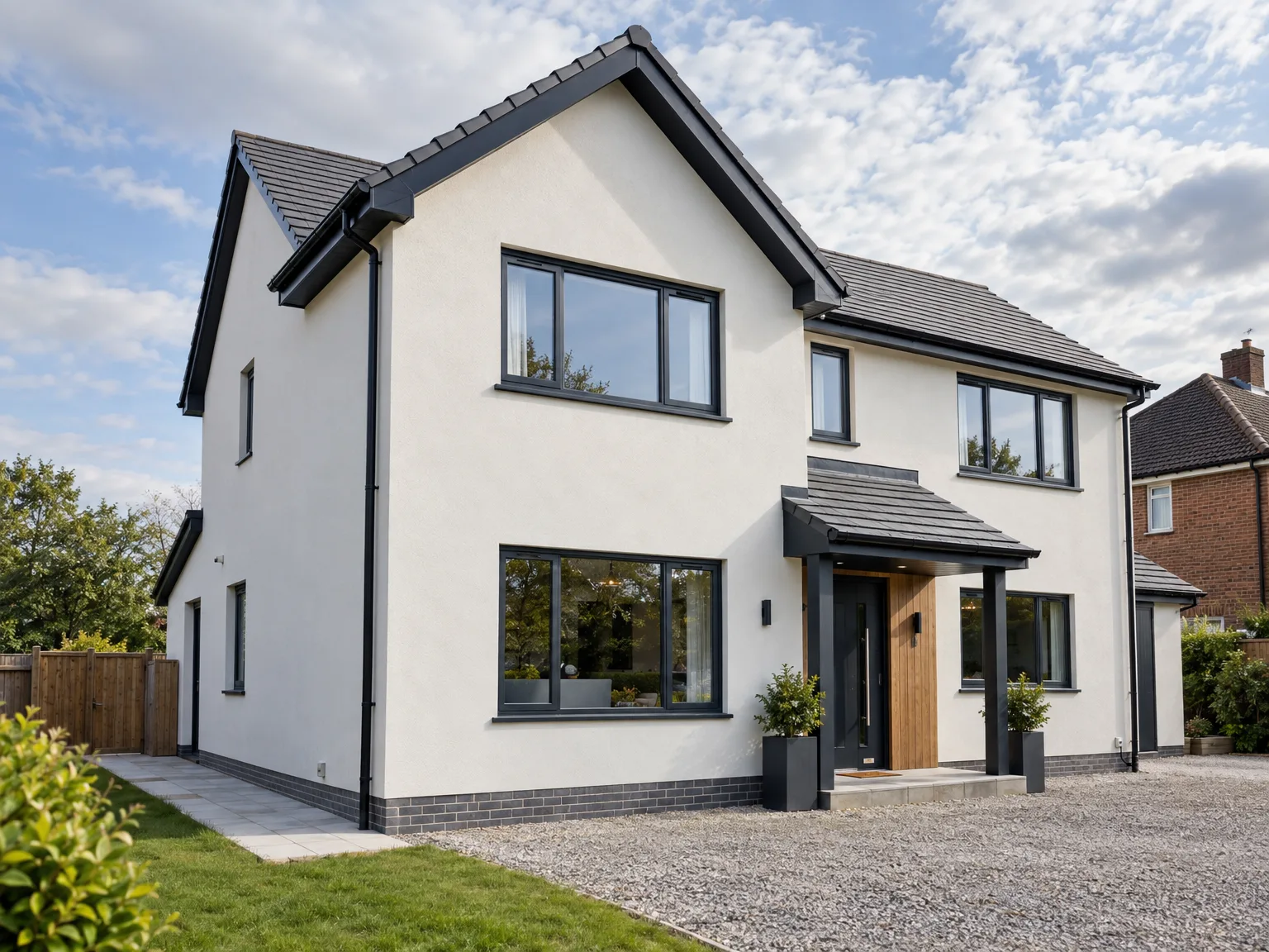 Contemporary New Build Home with white render, black roof, and modern window installation