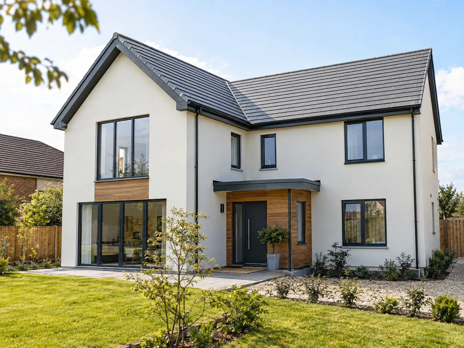New build house with white render, dark slate roof, large windows, and modern timber entrance feature