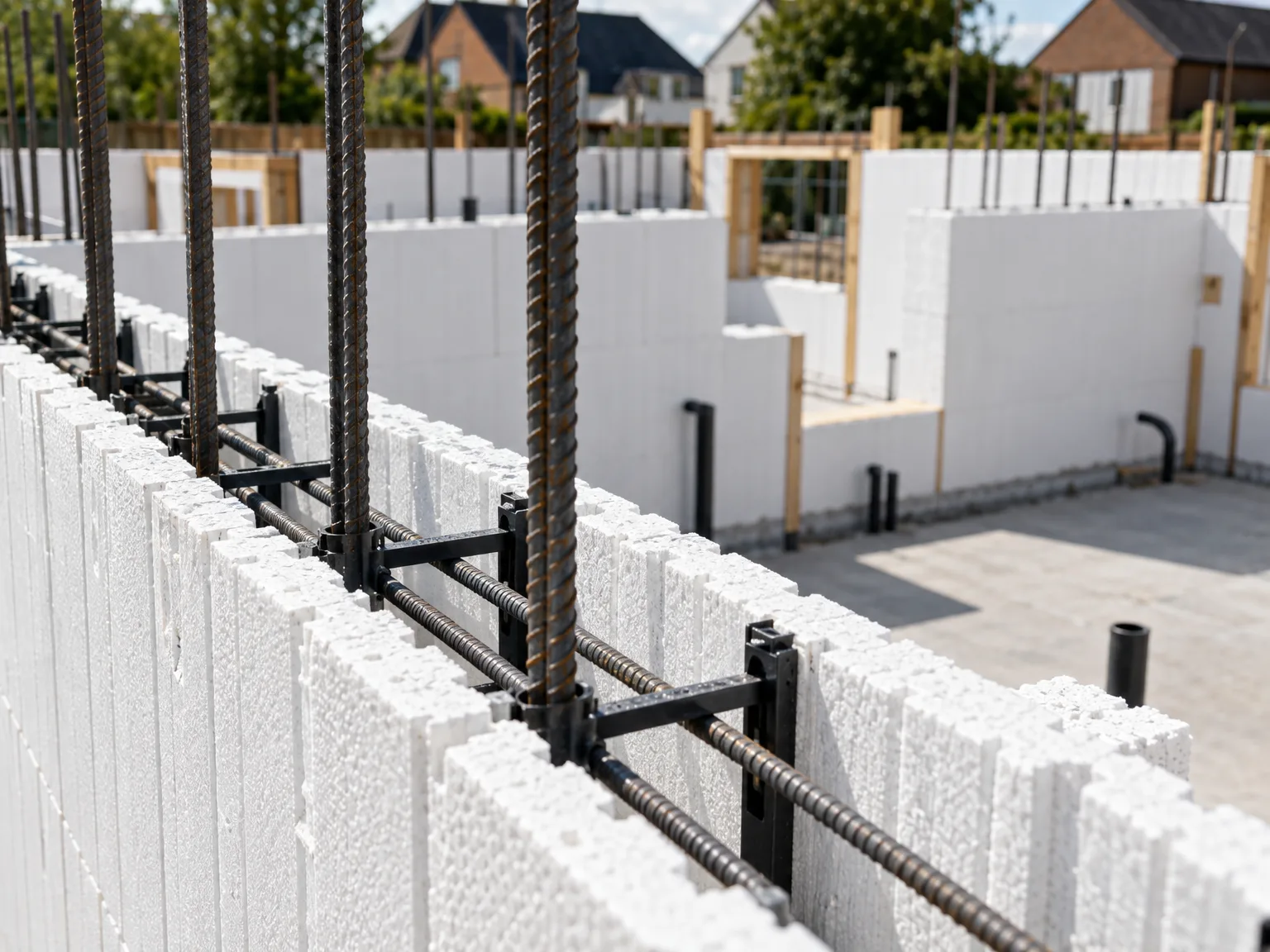 ICF block walls with rebar reinforcement during foundation construction, showing multiple wall sections on residential building site