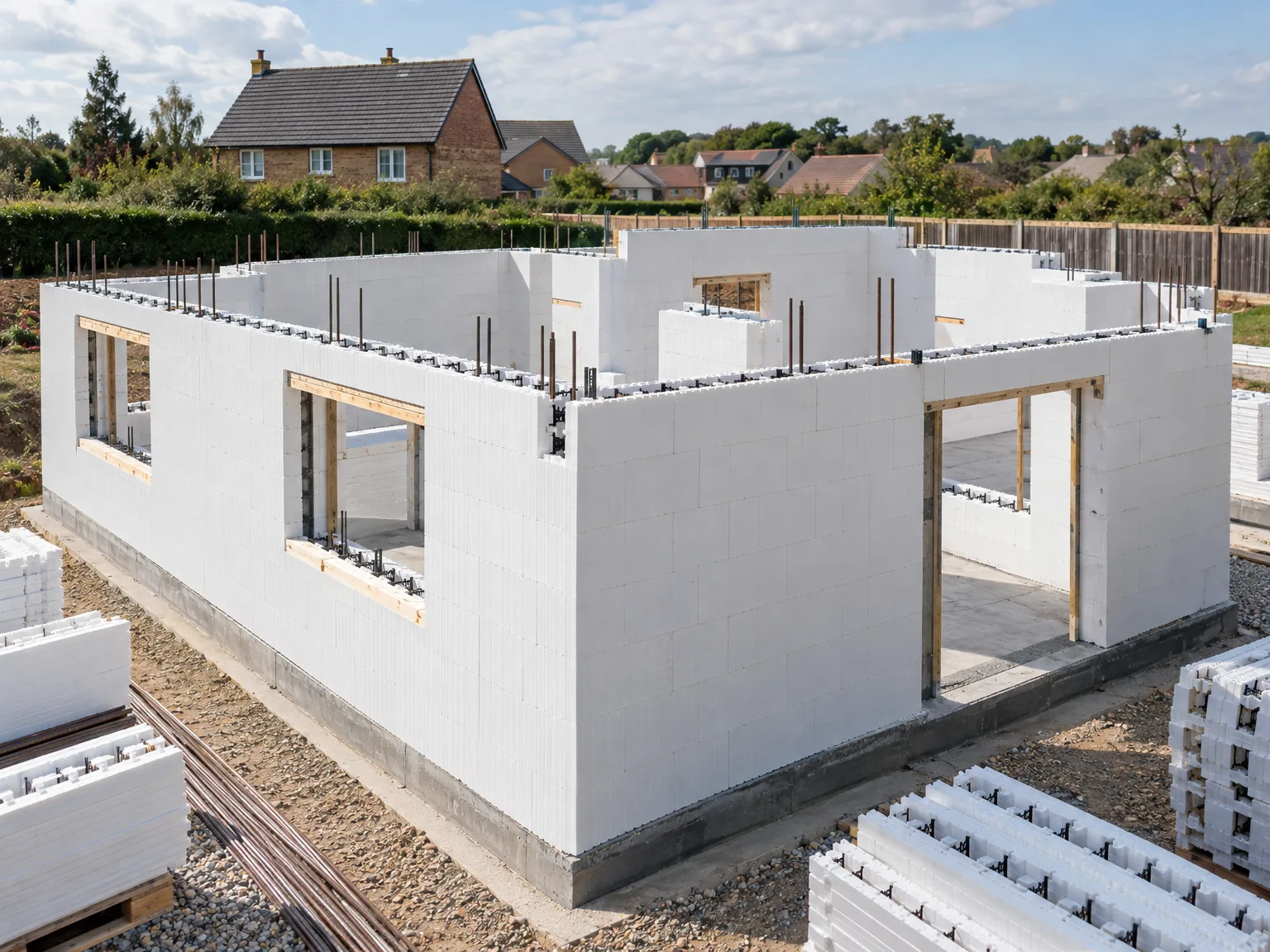 Insulated concrete formwork ICF building under construction with white blocks and steel reinforcement ready for new build
