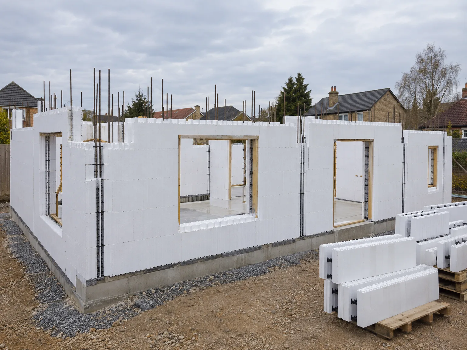 ICF Construction project showing reinforced concrete walls, foundation and visible steel supports