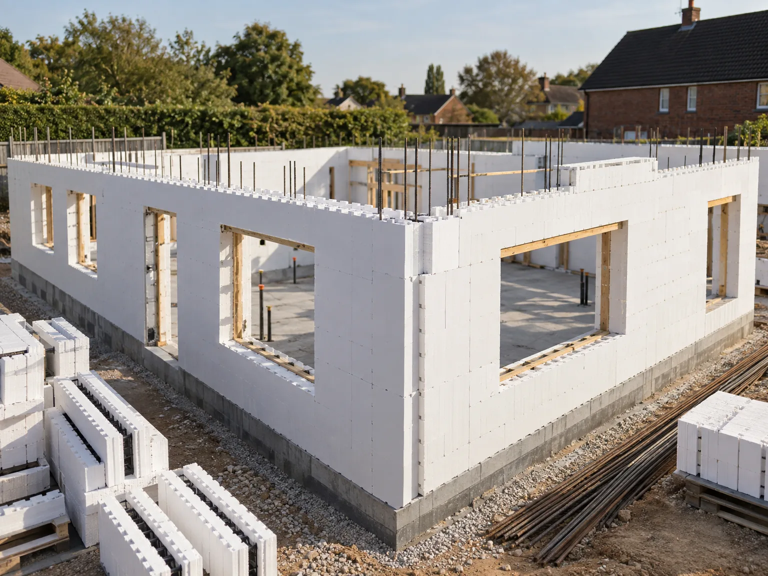 ICF Construction with white insulated concrete formwork blocks and steel reinforcement