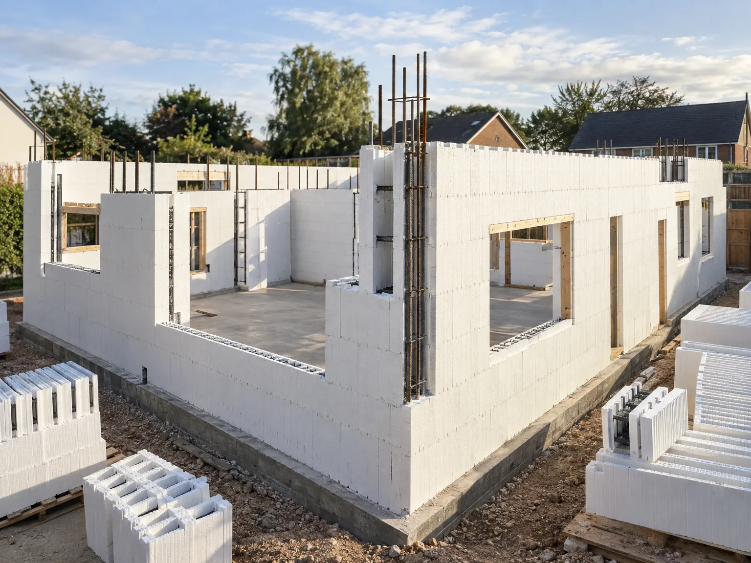 New Build Homes ICF construction: white concrete formwork blocks with exposed steel reinforcement and timber window frames