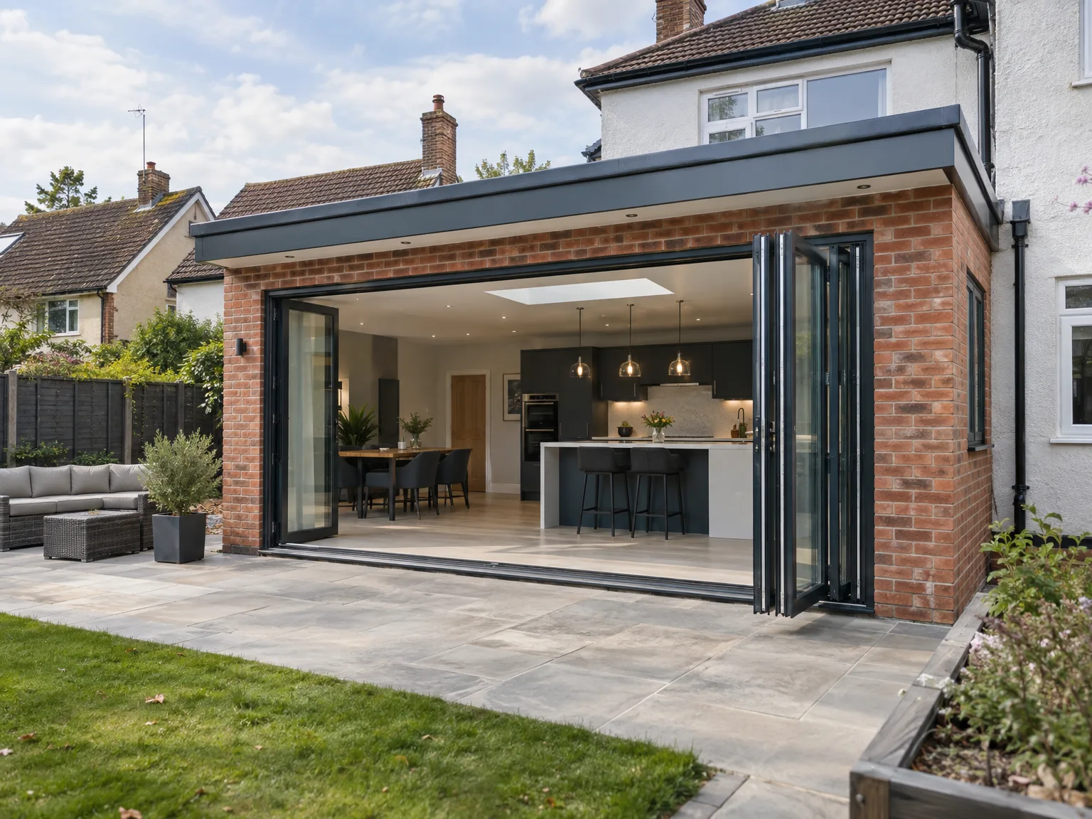 Modern brick kitchen extension with black bifold doors, island, and integrated living-dining area